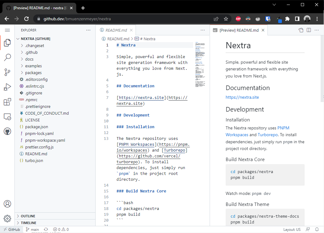 FIG 2.9: A repository loaded within GitHub’s online editor. A GitHub codespace can further enhance this with a dedicated virtual machine, all within the browser. These features lower the barrier for entry for contribution.