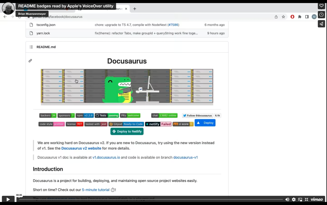 FIG 4.4: A screen recording of Apple’s VoiceOver reading inaccessible README badges. Autogenerated data URLs are read verbatim. “Unlabeled image, unlabeled image. Slash 68747470733f2f70...