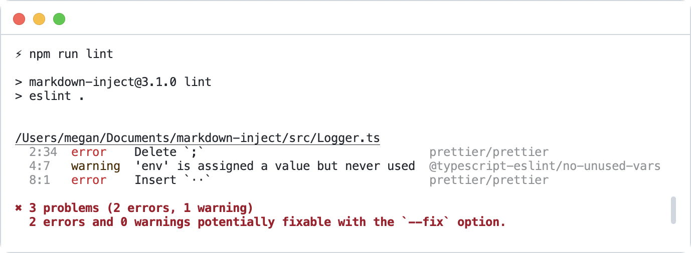 FIG 5.10: The eslint and prettier tools emitting code-quality guidance via rules setup in the project.