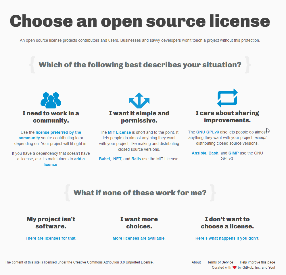 FIG 4.7: The choosealicense.com homepage provides user-centric guidance on which license is right for your project.