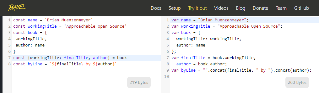 FIG 5.3: The Babel REPL allowing users to try the software online. Input on the left is sent through the library and output on the right. Explore options, all without installing the tool.