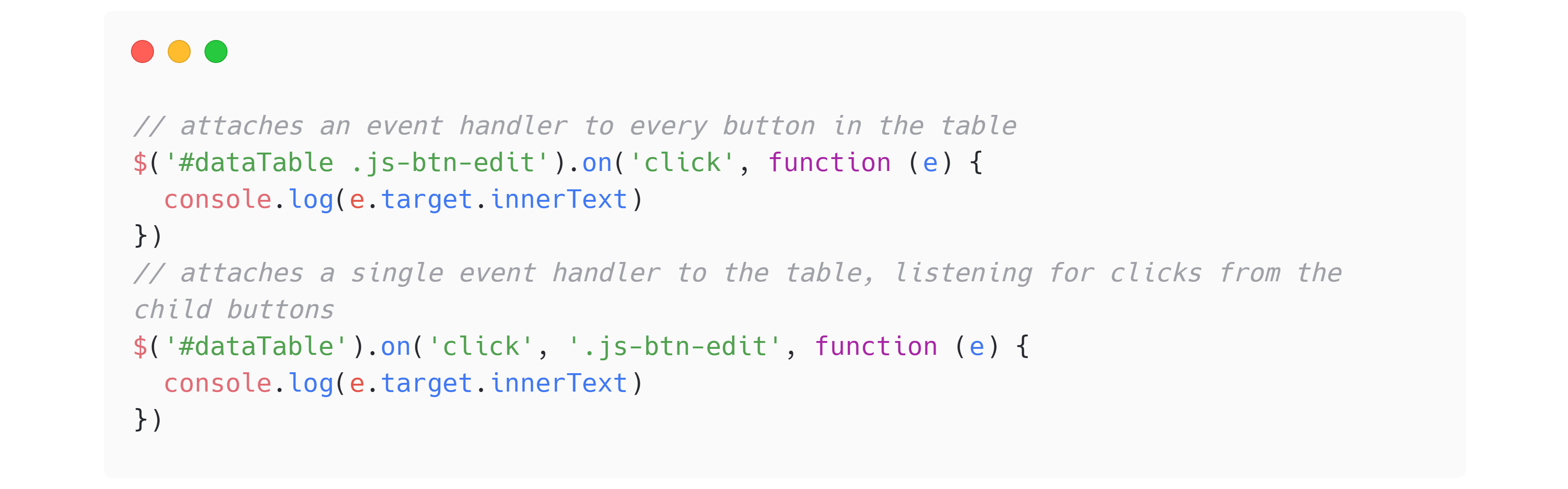 FIG 2.5: Optimized event handler registration made possible with a newer version of jQuery.