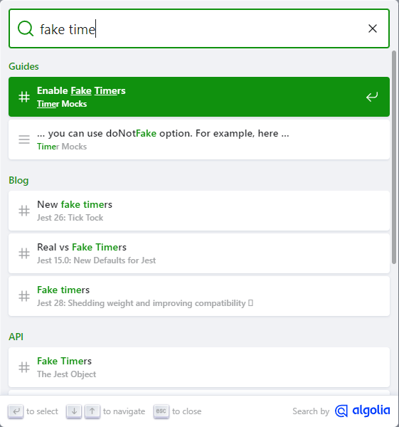 FIG 5.4: Search results powered by Algolia, of the jest testing framework. Be careful what you index, however. Most people probably don’t want a blog post from 2016 before the actual current API info.