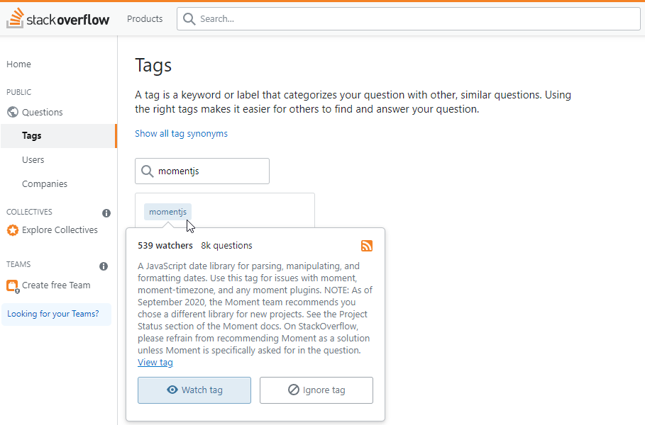 FIG 5.7: Stack Overflow tag for Moment.js library. 539 people are watching for new questions for this library.