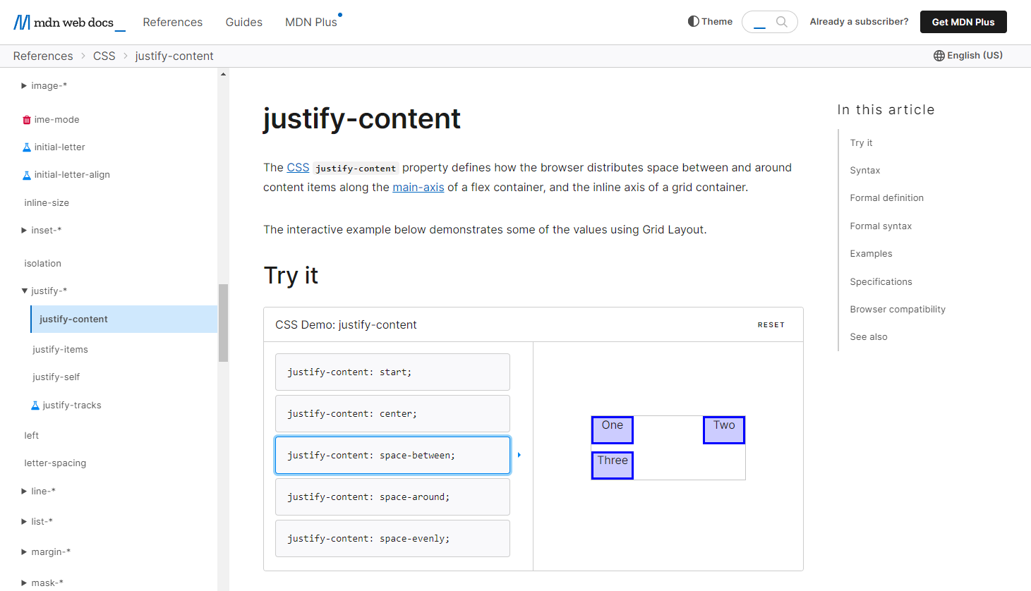 FIG 5.2: The justify-content CSS property on MDN with a demo among the first content.