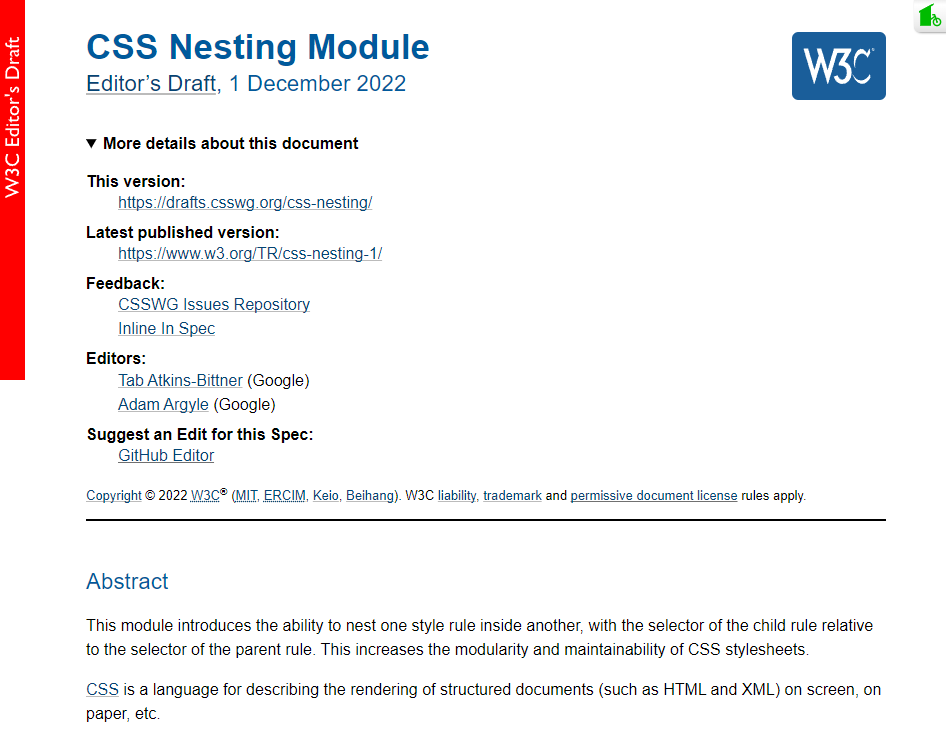 FIG 6.5: The Editor’s Draft of the CSS Nesting Module specification open for public comment.