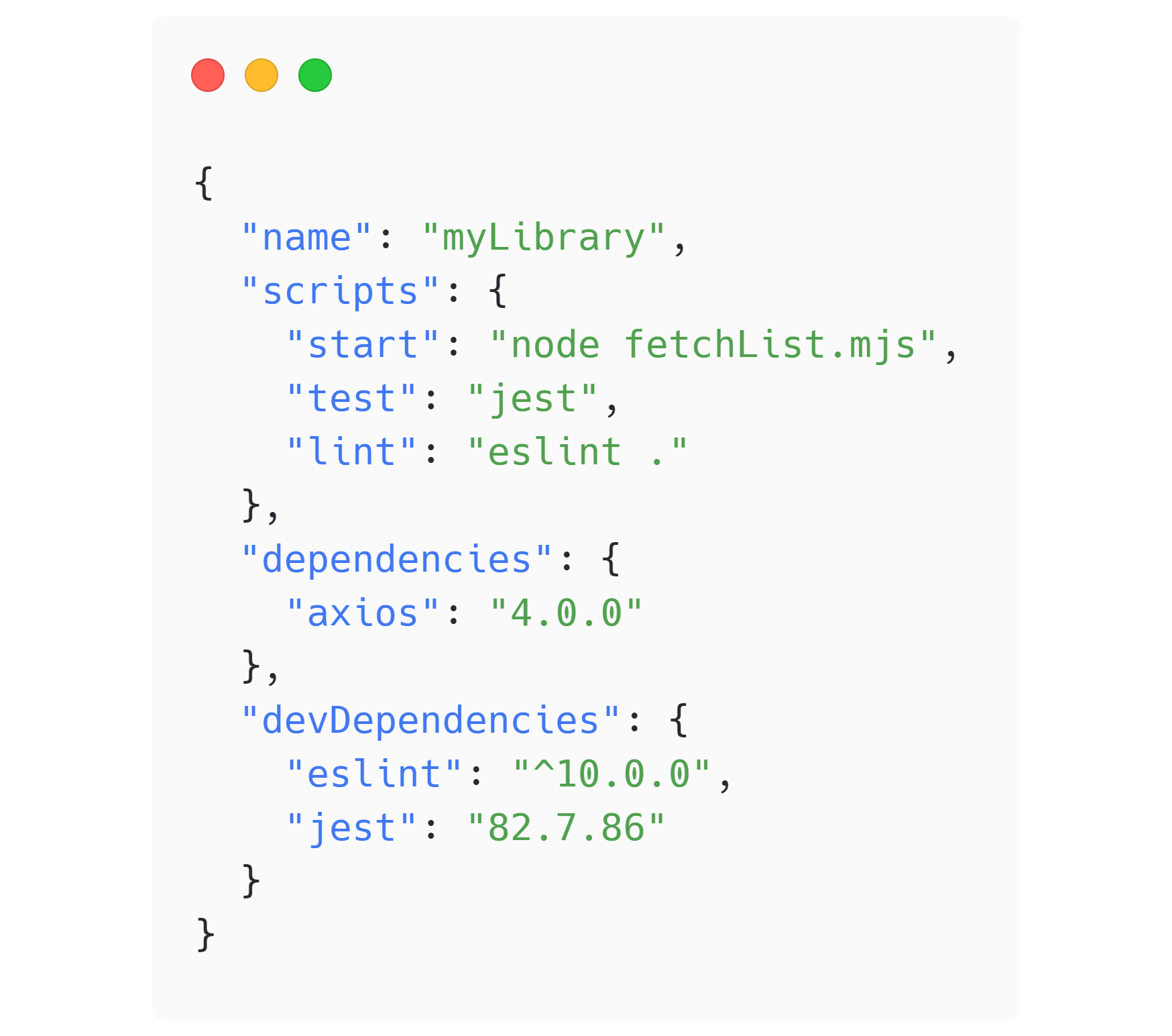 FIG 3.7: A fictitious package.json with a precariously careted devDependency on eslint. A lockfile is the only thing keeping that declaration deterministic.