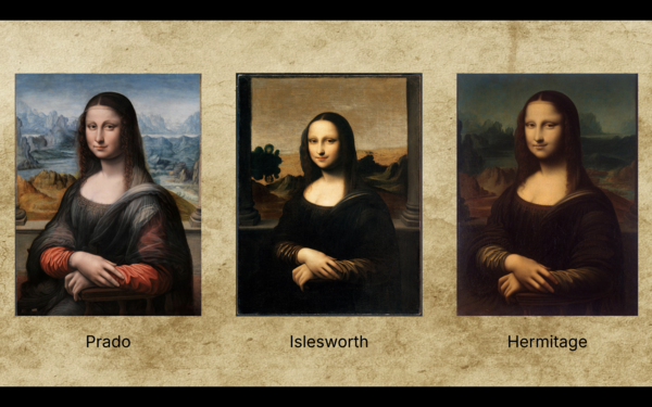 Three variants of the Mona Lisa. None made by Leonardo. Or did he?