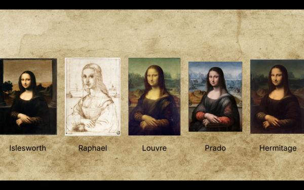 Five Mona Lisas in a lineup. Most interesting is a sketch made by Raphael. Yes, that other famous painter.