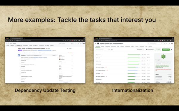 Two more examples. Dependency update testing. Or supporting translation efforts.