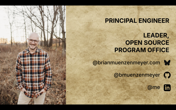A picture of Brian Muenzenmeyer with title and social information next to him. You can connect with him on Bluesky at @brianmuenzenmeyer.com, on GitHub at @bmuenzenmeyer, or LinkedIn as the one and only Brian Muenzenmeyer.