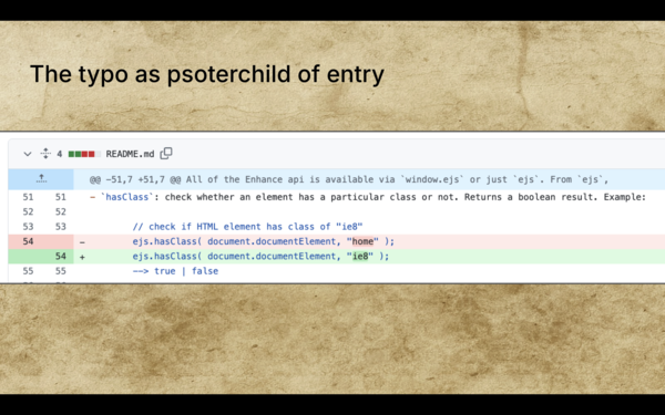 A GitHub diff fixing a typo. The slide itself has a typo in it.