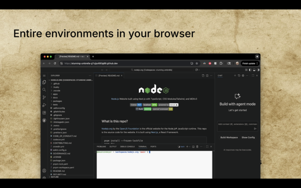 A screenshot of nodejs.org's codebase running in an online editor