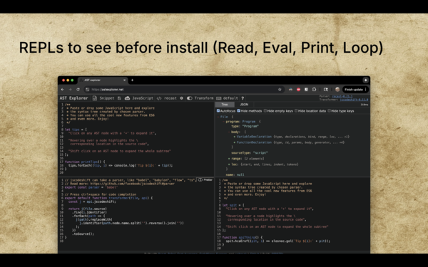 A screenshot of a REPL, a place to test a library or tool online for input and output behavior