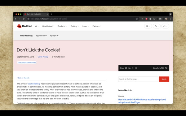 A screenshot from the Red Hat blog titled "Don't Lick the Cookie"