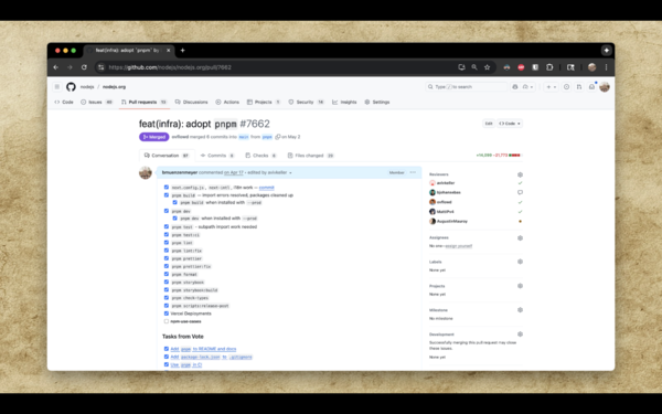 A screenshot of a large effort that could not be easily broken up. The pull request has a visible TODO list in it and multiple authors