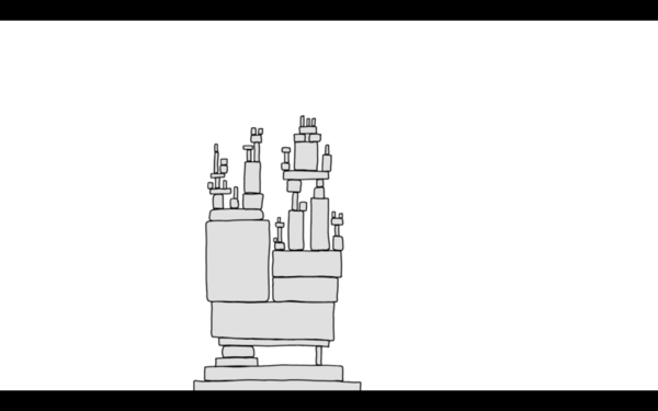 The xckd Dependency comic from before, without words, showing a precarious block tower, against a large white background.